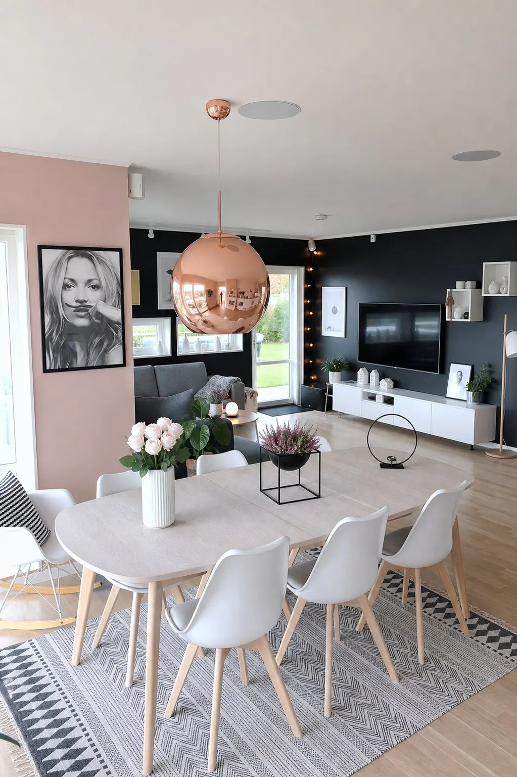 Sala de jantar integrada à sala de estar reformada em Curitiba